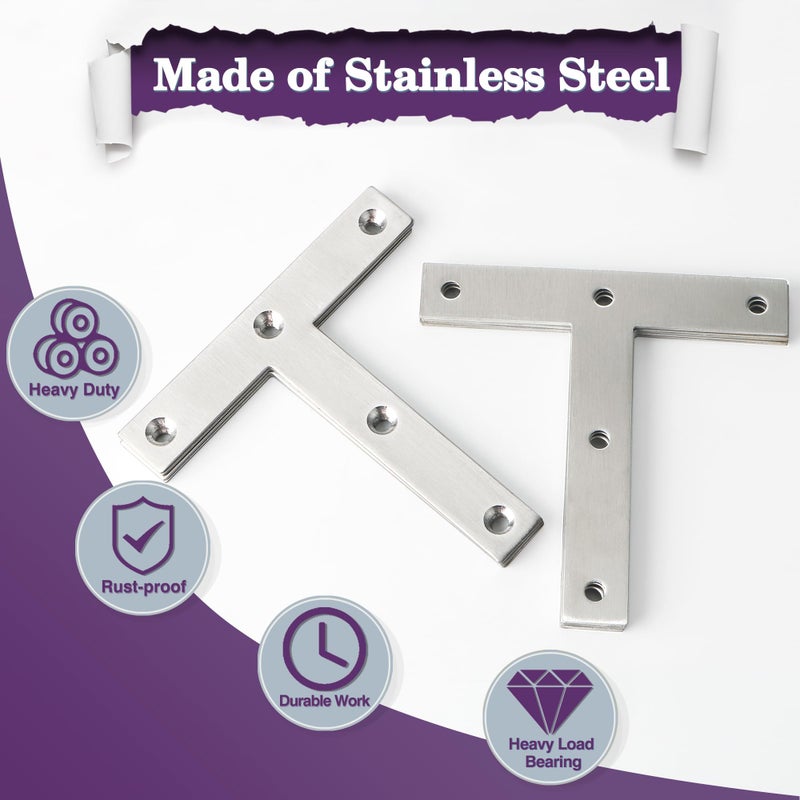 Alise T Flat Brackets,Corner Bracket Corner Brace Mending Plate Repair 120mm x 120mm Stainless Steel Flat Braces for Wood Tables, Chairs, Sofas, Beds, Cabinets, Doors and Windows,Brushed,Pack of 8 - Image 2